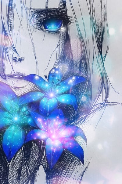 colors tear art draw girl anime flowers blue purple gre...